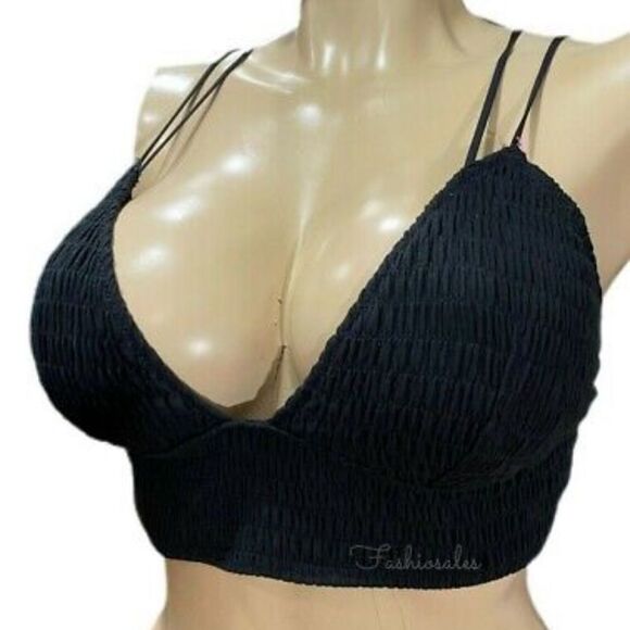 Victorias Secret Pink Smocked Triangle Lined Removable Padding Bralette Black - Picture 1 of 3
